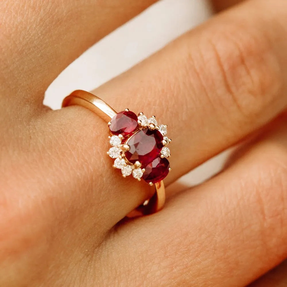 14k Gold Ruby and Diamond Oval Cut Three Stone Cluster Ring 1.39 ctw
