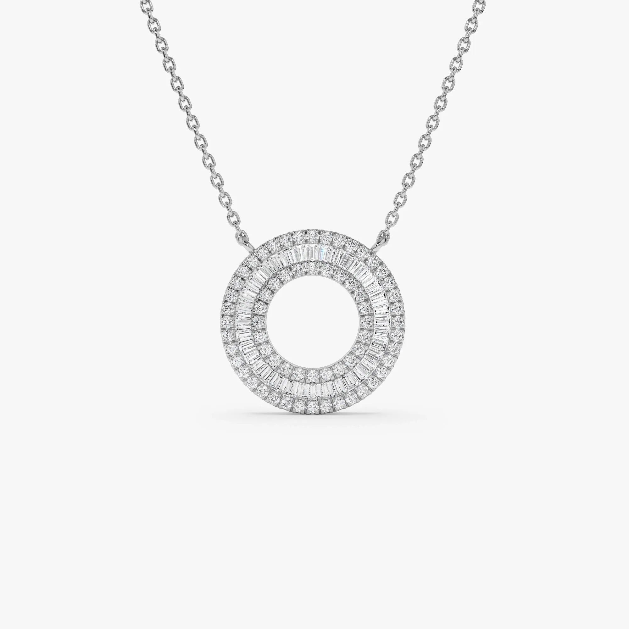 14K Solid Gold Baguette and Round Diamond Circle Pendant Necklace 0.51ctw