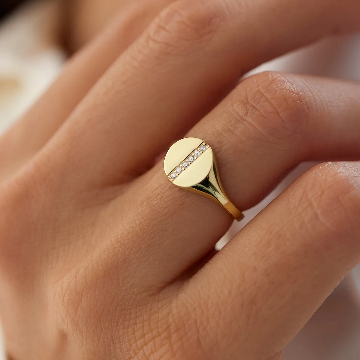 14k Gold Diamond Round Cut Pave Line Signet Pinky Ring 0.07 ctw