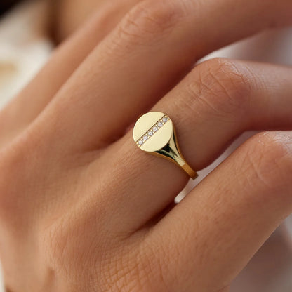 14k Gold Diamond Round Cut Pave Line Signet Pinky Ring 0.07 ctw