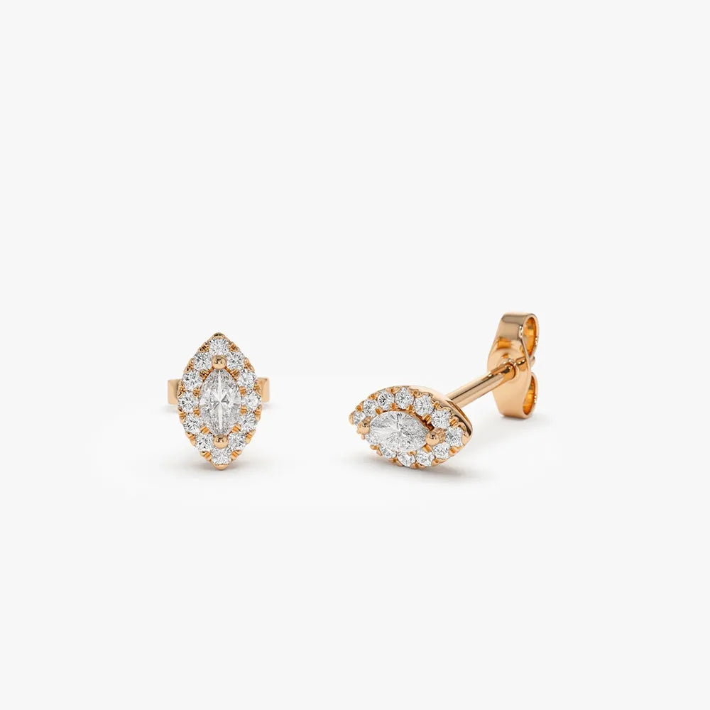 14k Gold Diamond Marquise Cut Halo Stud Earrings Micro Pave 0.25 ctw