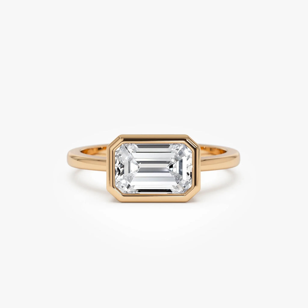 14K Gold 1.50 Carat Lab Grown Diamond Emerald Cut Engagement Ring East West Bezel Setting