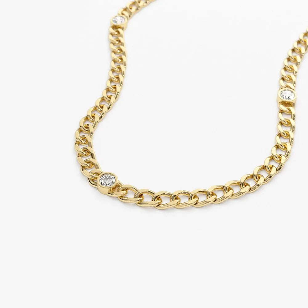 14K Solid Gold Round Diamond Cuban Link Necklace Bezel Set 3mm 0.30cttw