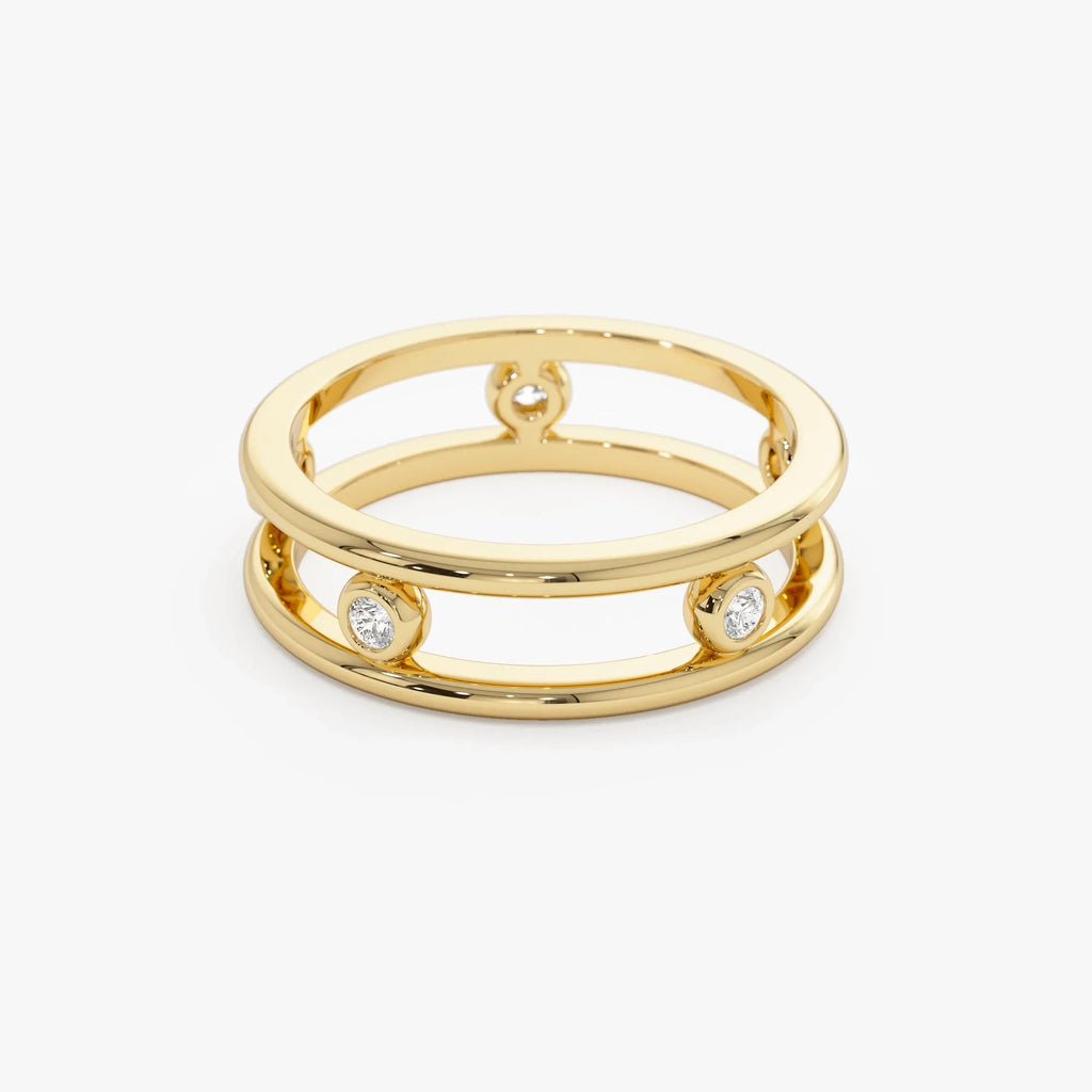 14K Solid Gold Natural Diamond Round Cut Bezel Setting Double Band Ring 0.18 ctw