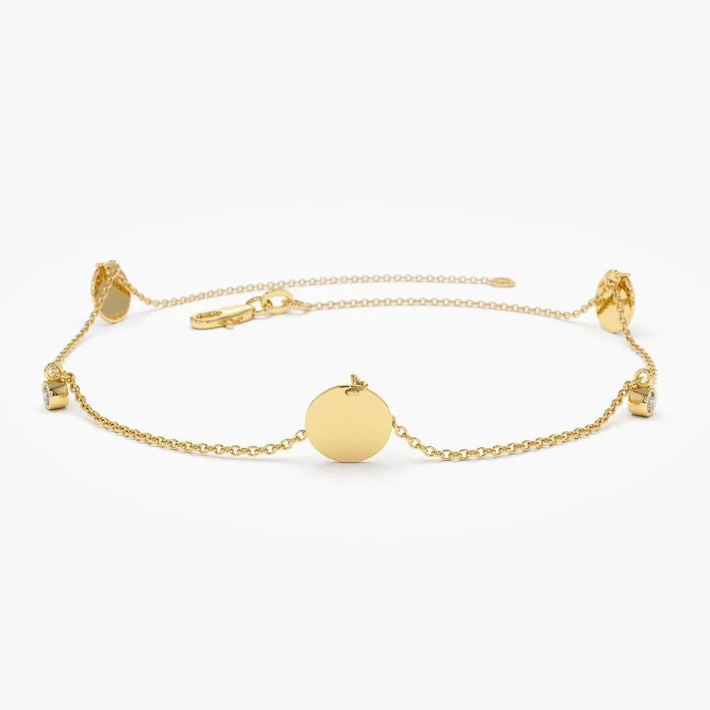 14K Solid Gold 0.08 CTW Round Diamond Bezel Set Dangling Disc Bracelet