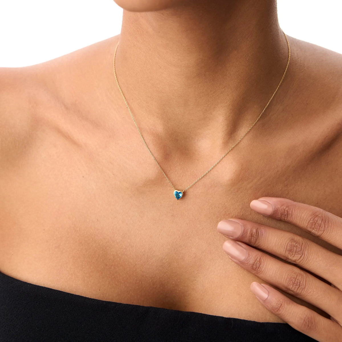 14k Solid Gold London Blue Topaz Heart Shaped Layering Necklace 0.55 Carat