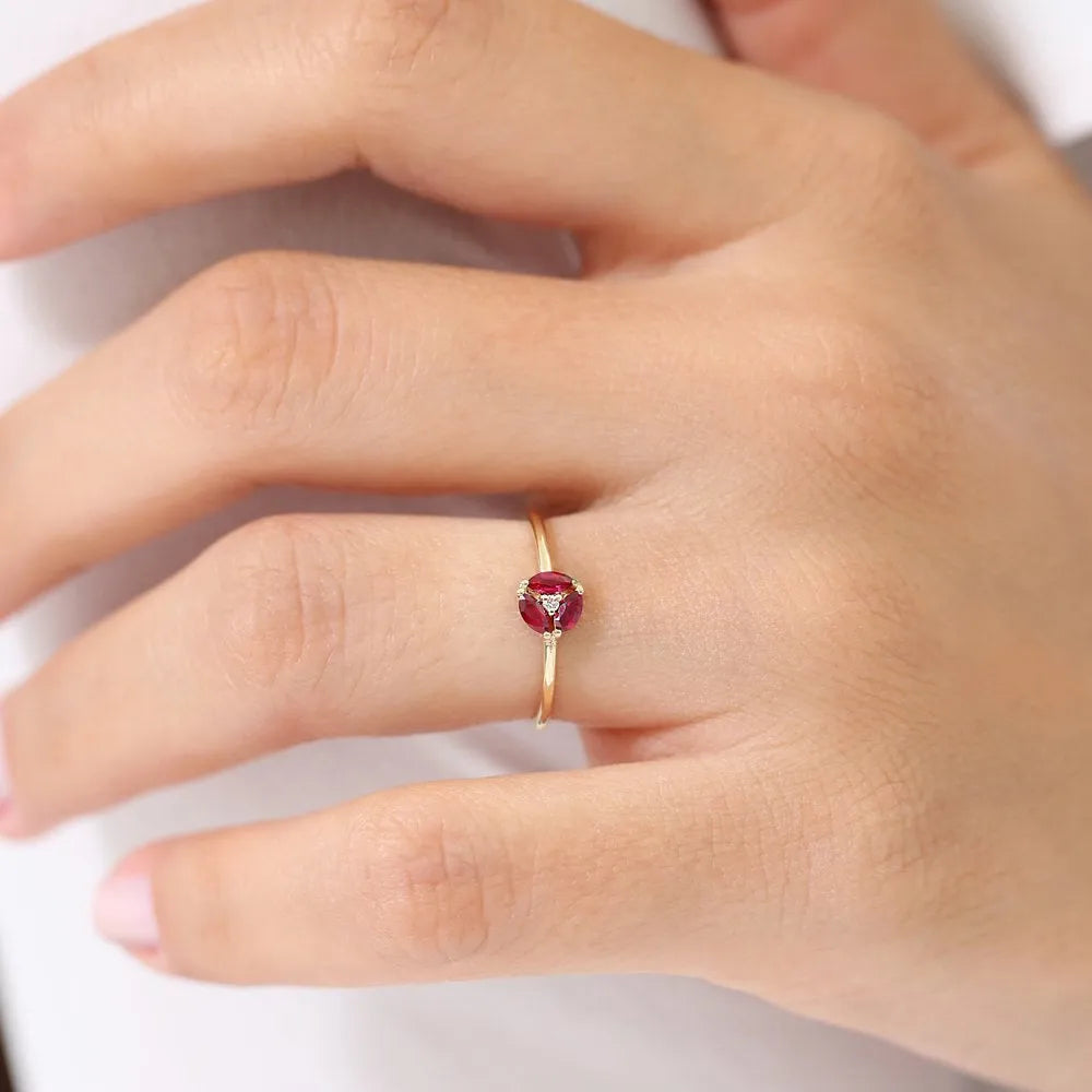 14k Gold Ruby and Diamond Marquise and Round Cut Cluster Ring Prong Setting 0.31 ctw