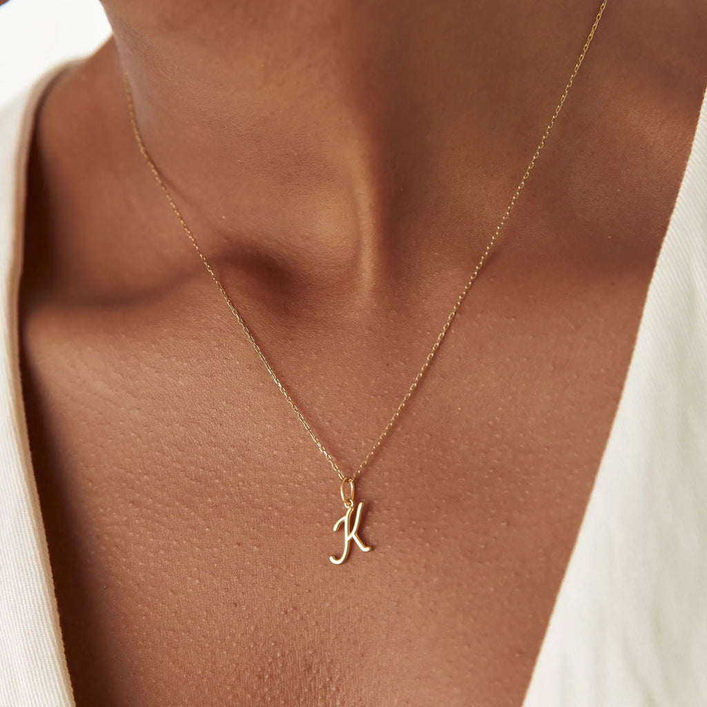 14k Solid Gold Script Initial Letter Pendant Necklace Personalized