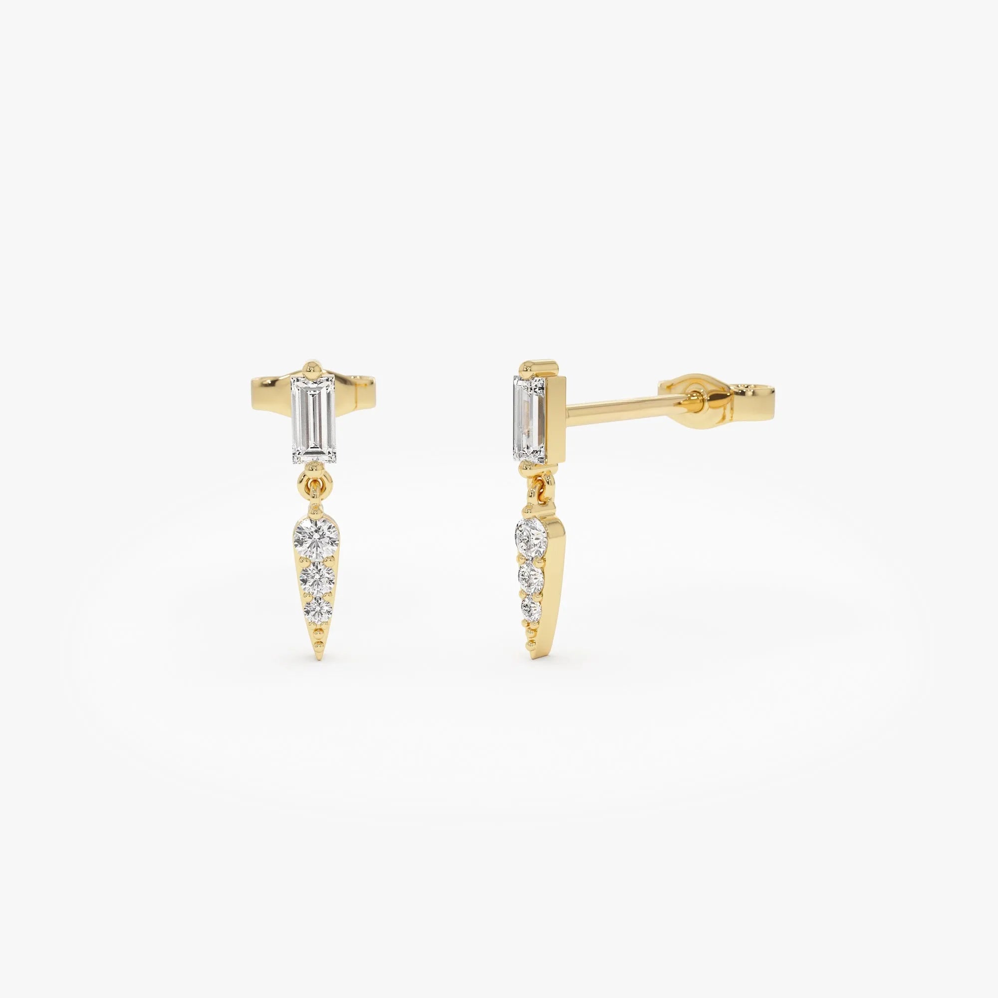 14k Gold Diamond Baguette and Round Cut Dangle Spike Earrings 0.20 ctw