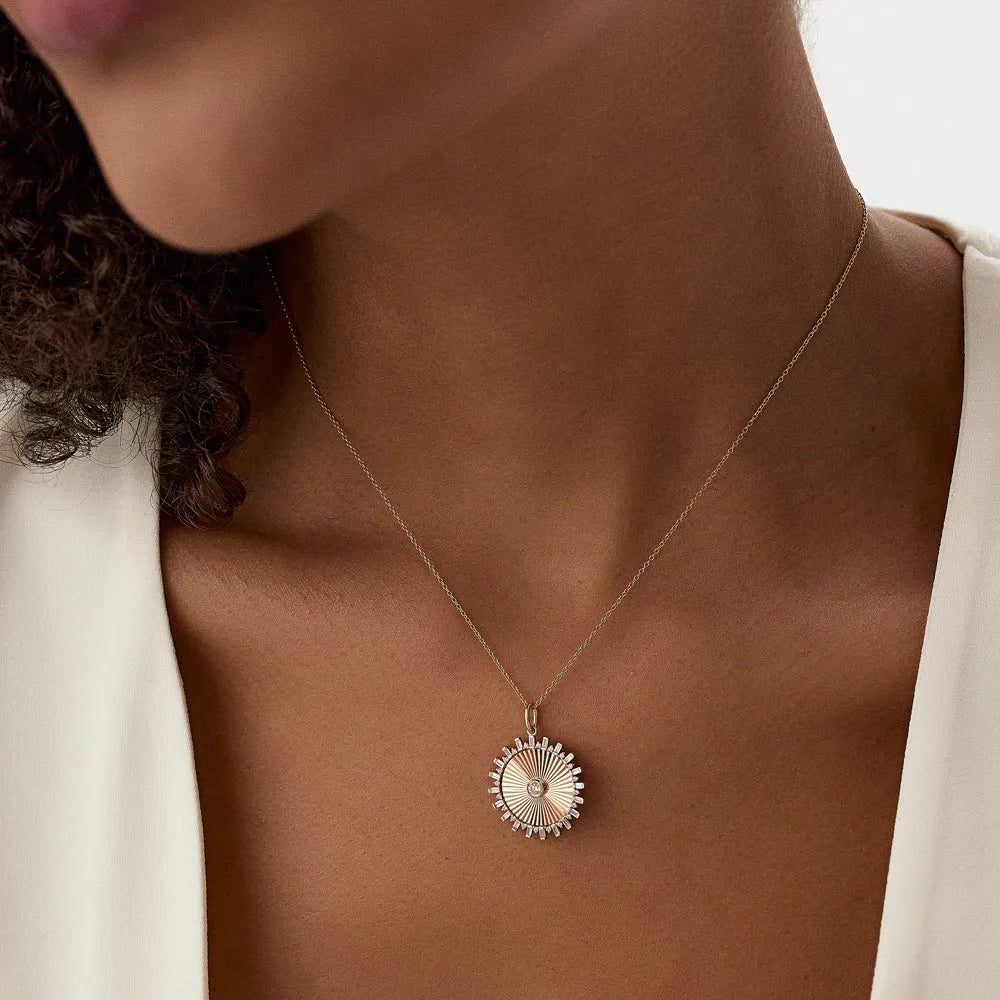 14K Solid Gold Baguette and Round Diamond Disc Ray Pendant Necklace 0.55ctw
