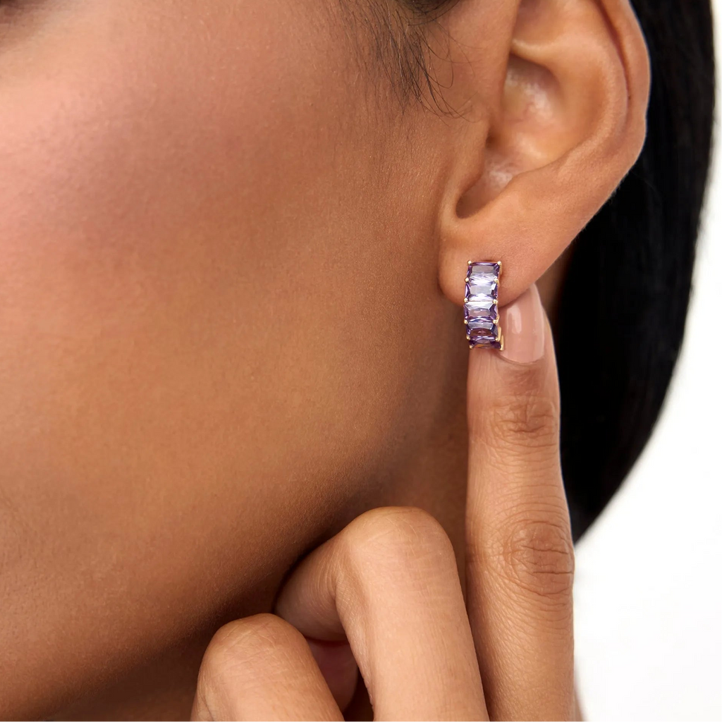 14K Solid Gold Octagon Cut Amethyst Half Hoop Earrings 2.80ctw