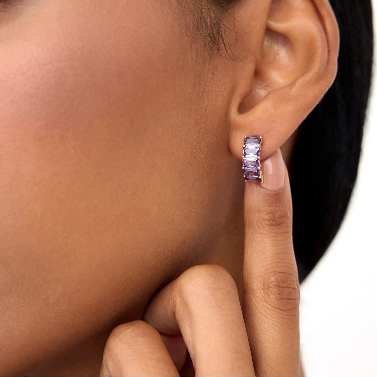 14K Solid Gold Octagon Cut Amethyst Half Hoop Earrings 2.80ctw