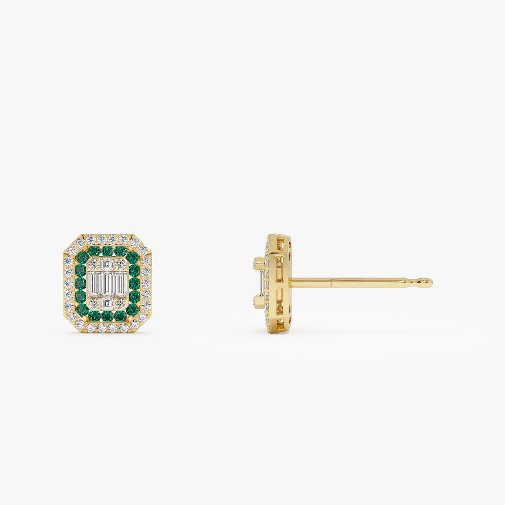 14k Solid Gold Round Emerald and Baguette Diamond Halo Stud Earrings 0.70 ctw