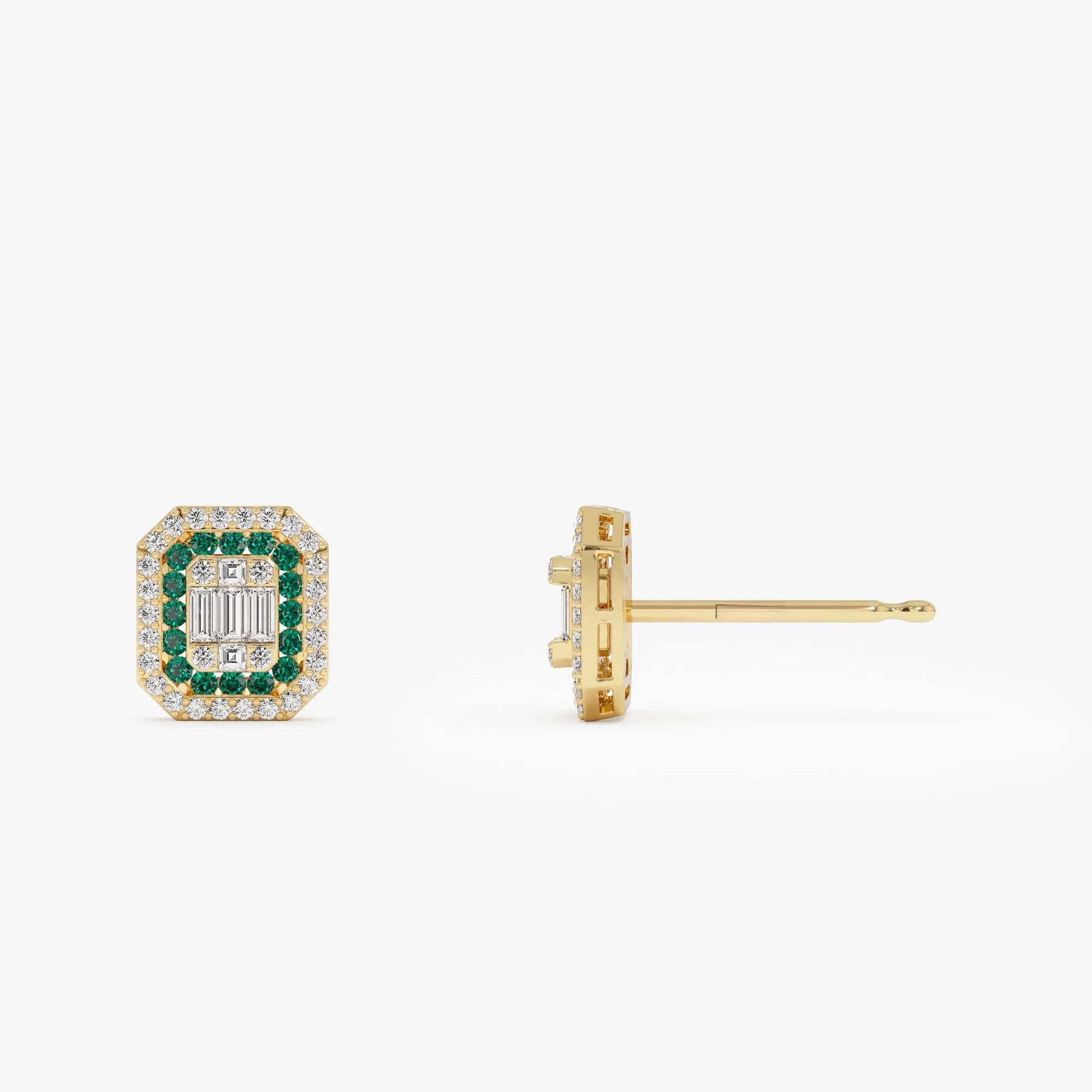 14k Solid Gold Round Emerald and Baguette Diamond Halo Stud Earrings 0.70 ctw