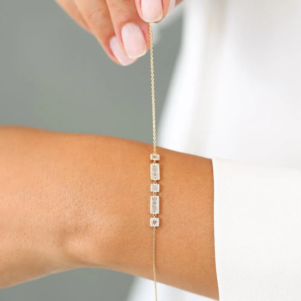 14K Solid Gold 0.45 CTW Baguette and Round Diamond Bracelet