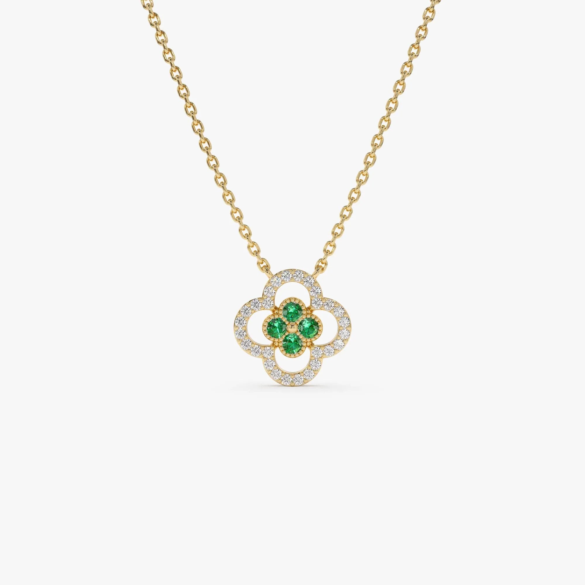 14k Solid Gold Round Emerald 0.10 CTW and Diamond 0.10 CTW Clover Halo Pendant Necklace