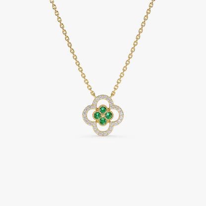 14k Solid Gold Round Emerald 0.10 CTW and Diamond 0.10 CTW Clover Halo Pendant Necklace
