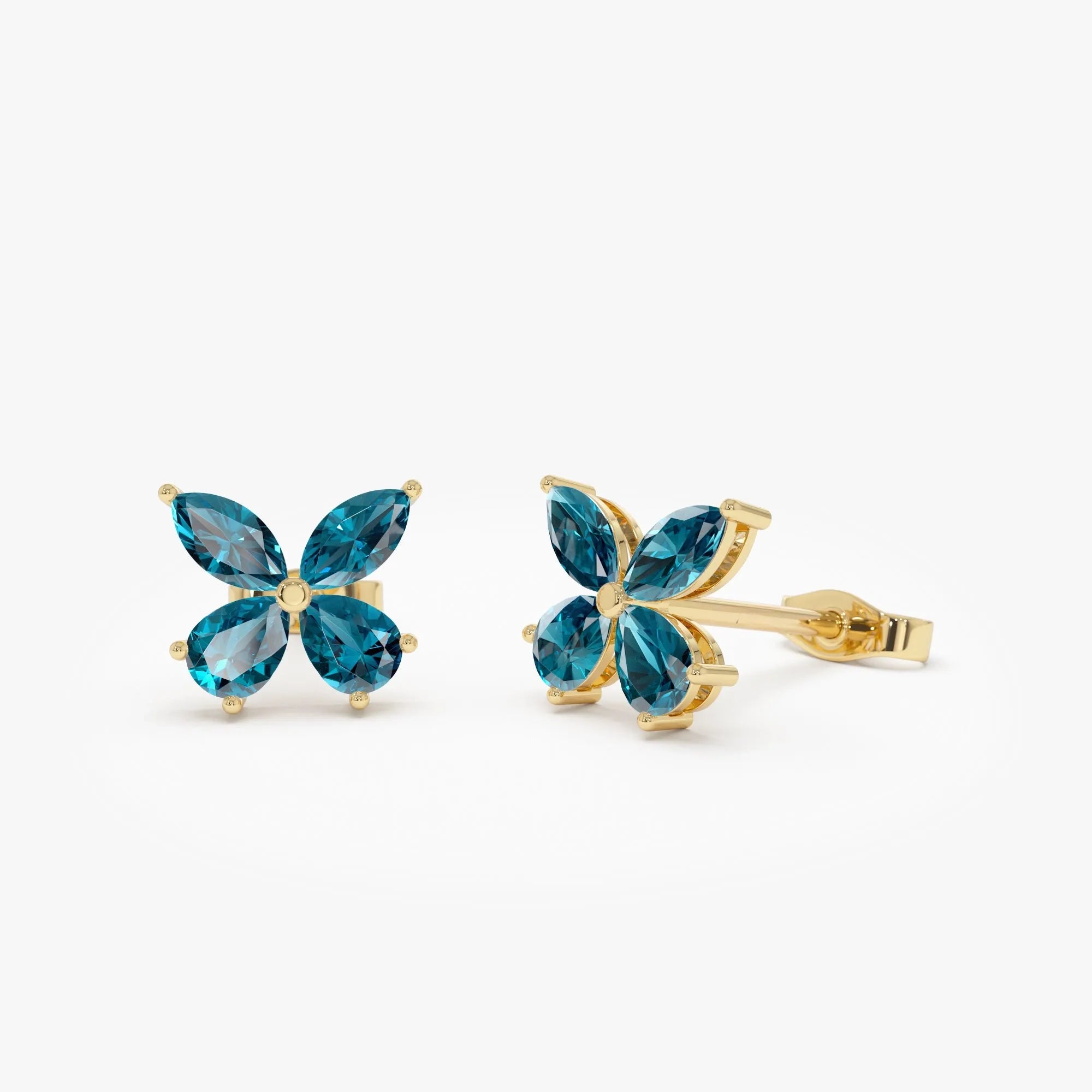 14K Solid Gold Marquise and Pear Cut London Blue Topaz Butterfly Stud Earrings 1.75ctw