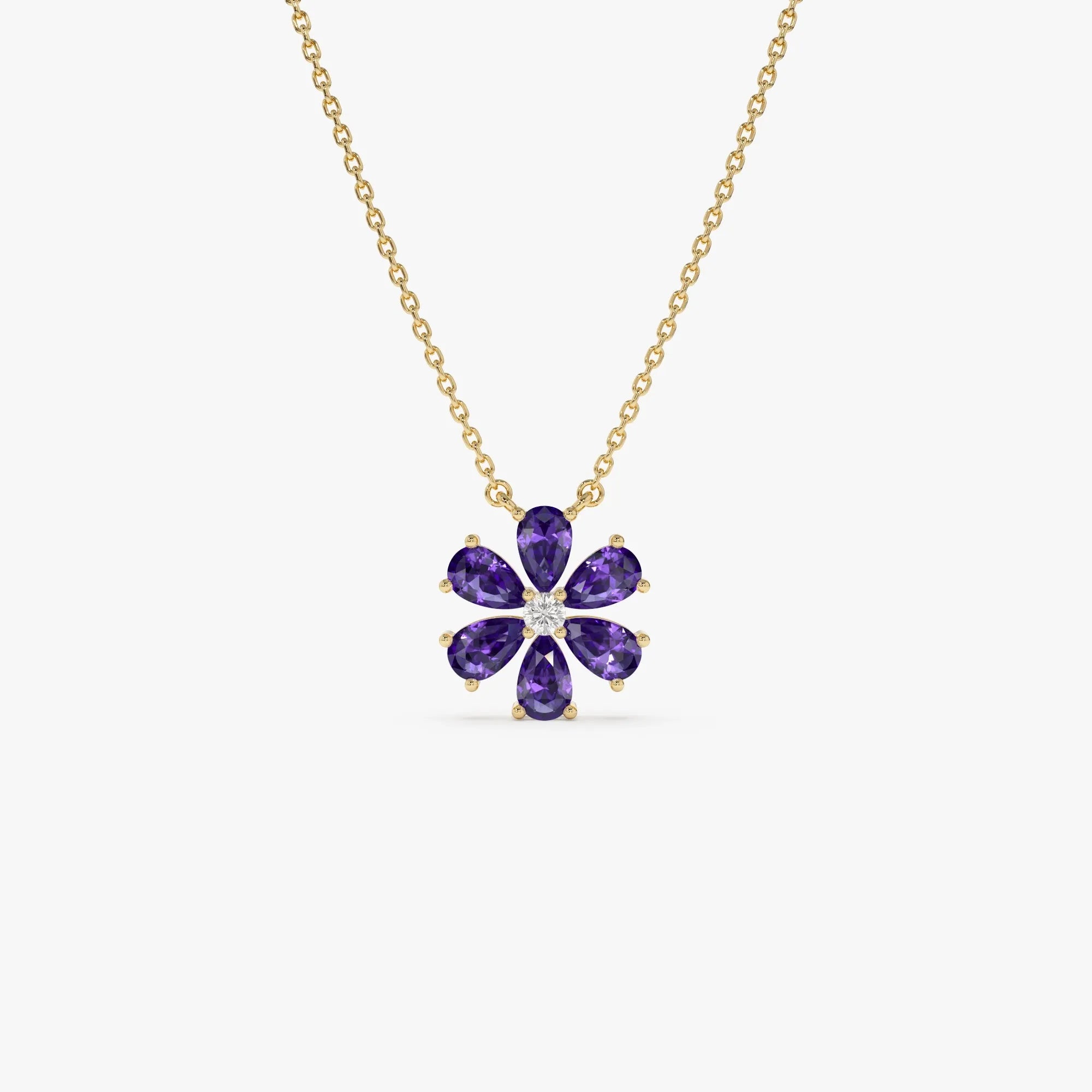 14k Solid Gold Amethyst and Diamond Pear and Round Flower Necklace 1.35 Carat