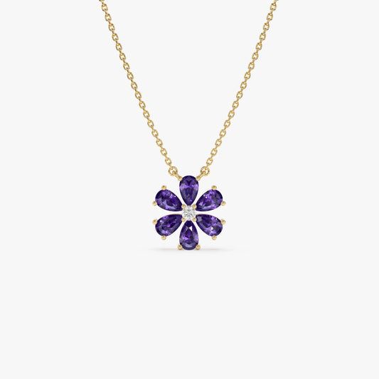 14k Solid Gold Amethyst and Diamond Pear and Round Flower Necklace 1.35 Carat