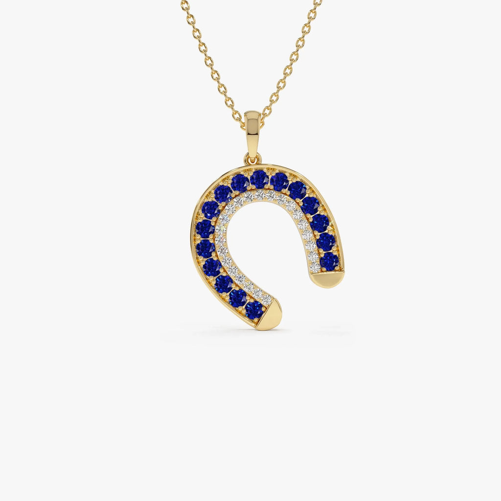 14k Solid Gold Sapphire and Diamond Round Horseshoe Pendant 0.72 Carat