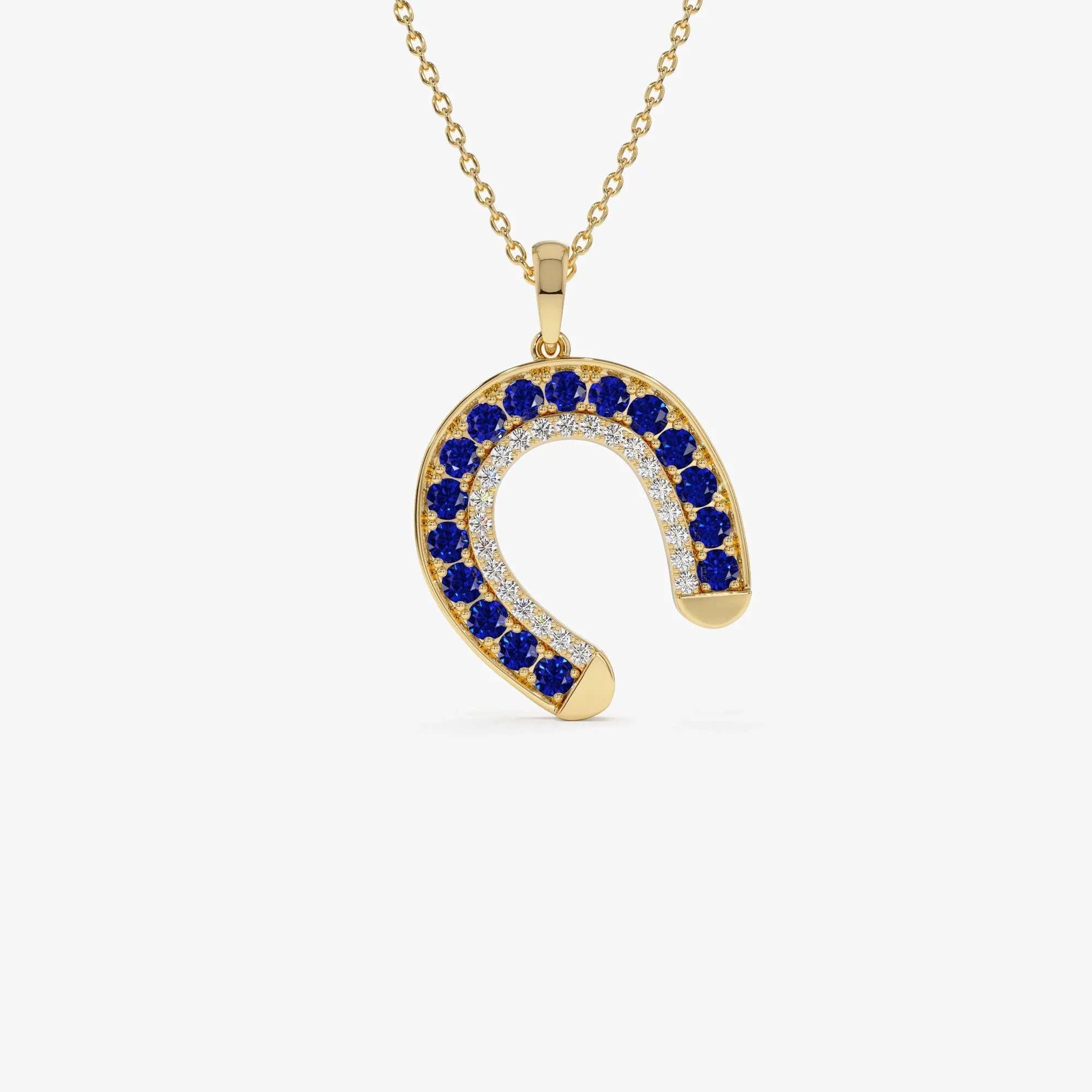 14k Solid Gold Sapphire and Diamond Round Horseshoe Pendant 0.72 Carat