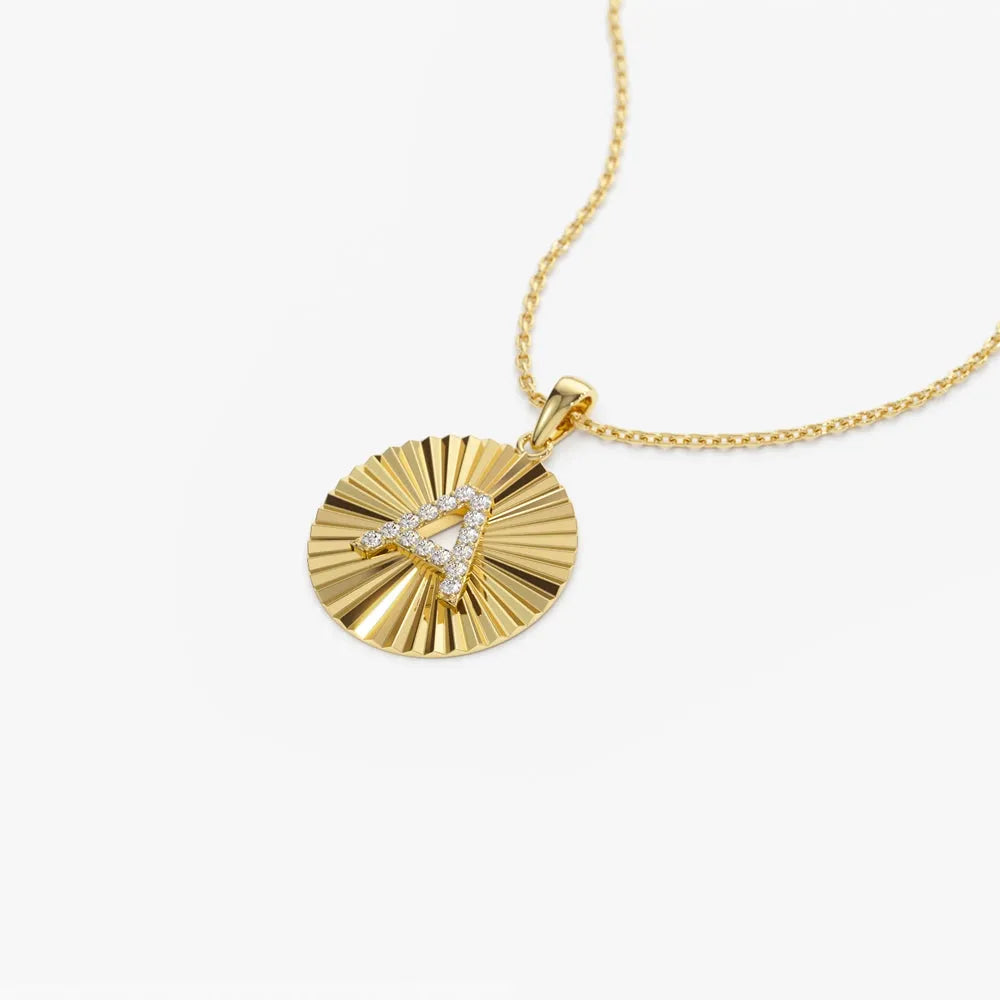 14K Solid Gold Round Diamond Initial Disc Pendant Necklace 0.10ctw
