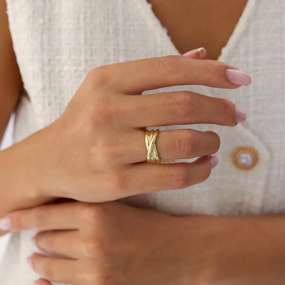 14k Solid Gold Multi Strand Crossover Wide Band Statement Ring