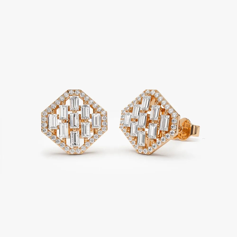 14k Gold Diamond Baguette and Round Cut Halo Stud Earrings Prong Setting 0.63 ctw