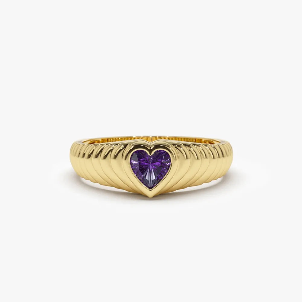 14K Solid Gold Heart Shape Amethyst 0.40 Carat Dome Beveled Ring