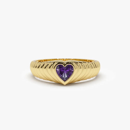 14K Solid Gold Heart Shape Amethyst 0.40 Carat Dome Beveled Ring