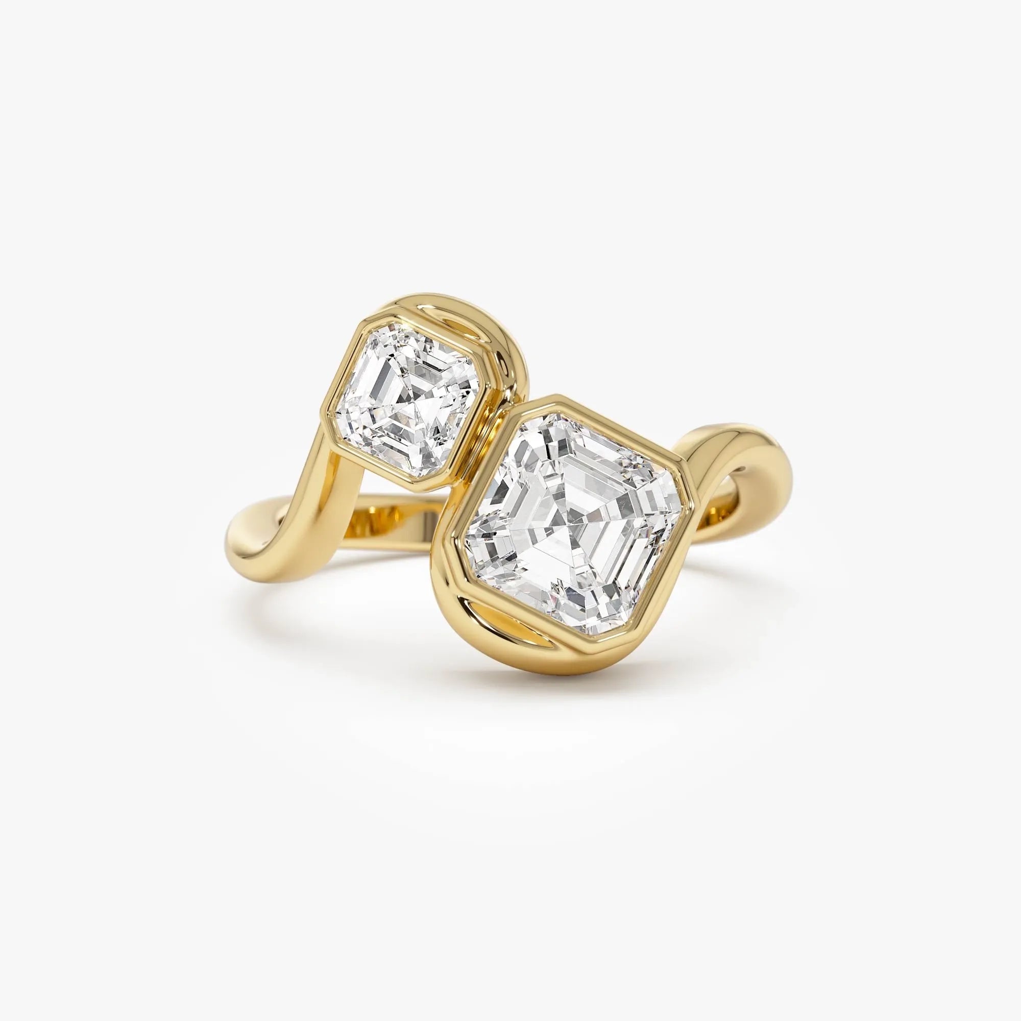 14k Gold 2.10 Ctw Lab Grown Diamond Asscher and Round Bezel Set Toi et Moi Ring