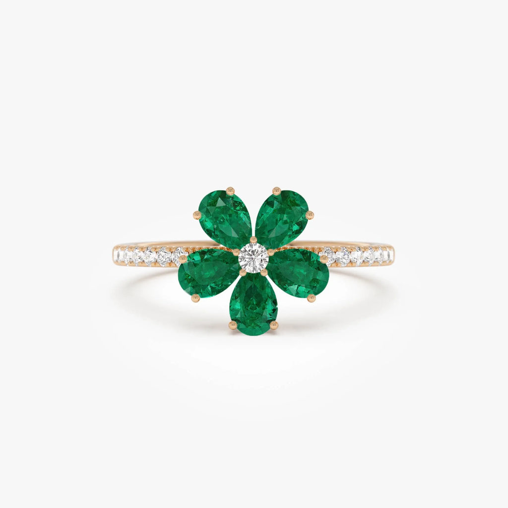 14K Solid Gold Pear Emerald and Round Diamond Five-Leaf Ring 0.80 CTW
