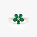 14K Solid Gold Pear Emerald and Round Diamond Five-Leaf Ring 0.80 CTW
