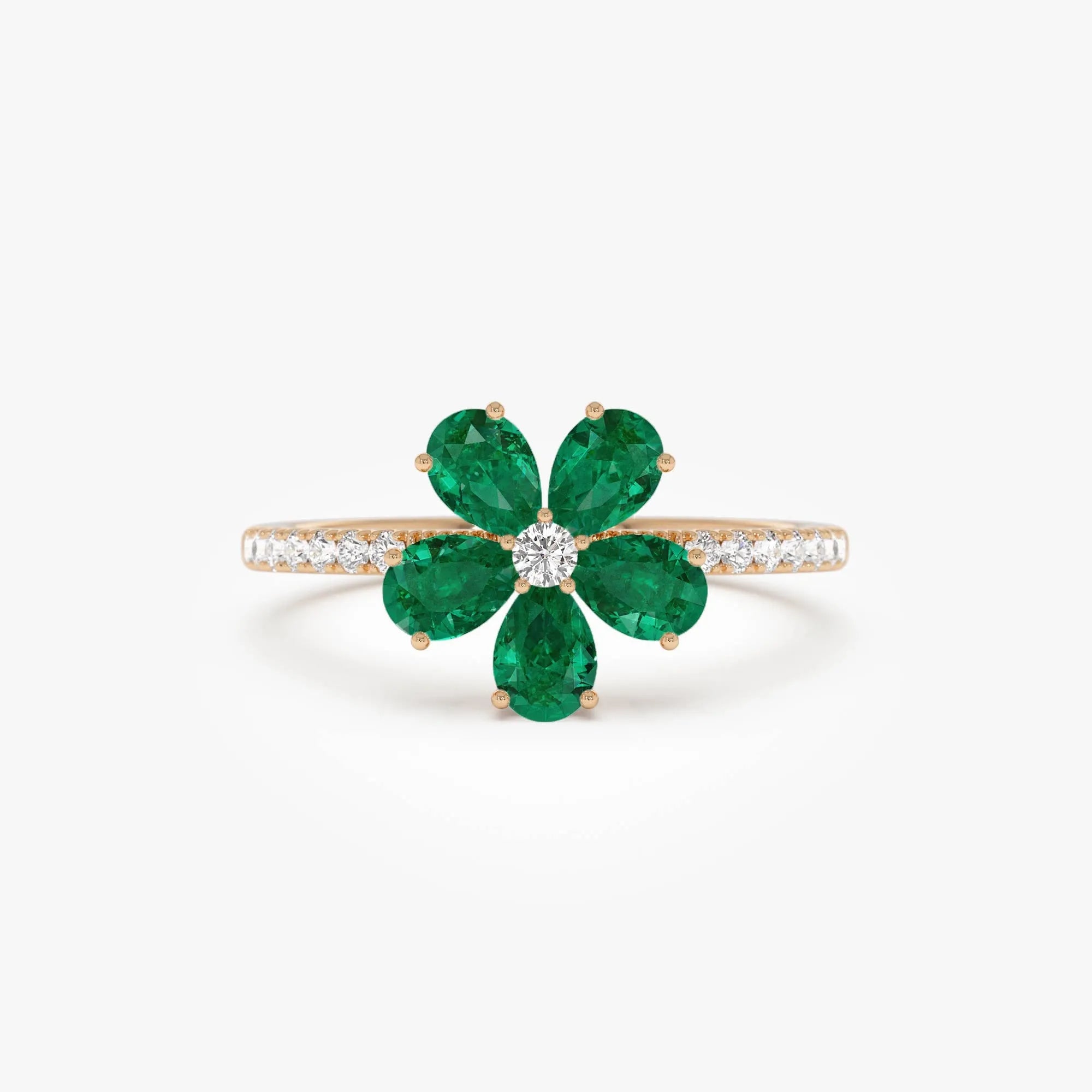 14K Solid Gold Pear Emerald and Round Diamond Five-Leaf Ring 0.80 CTW