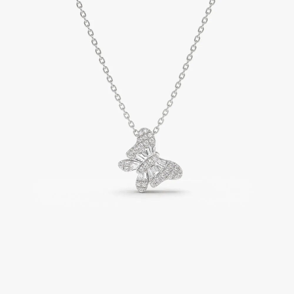 14K Solid Gold Baguette and Round Diamond Butterfly Pendant Necklace 0.26ctw