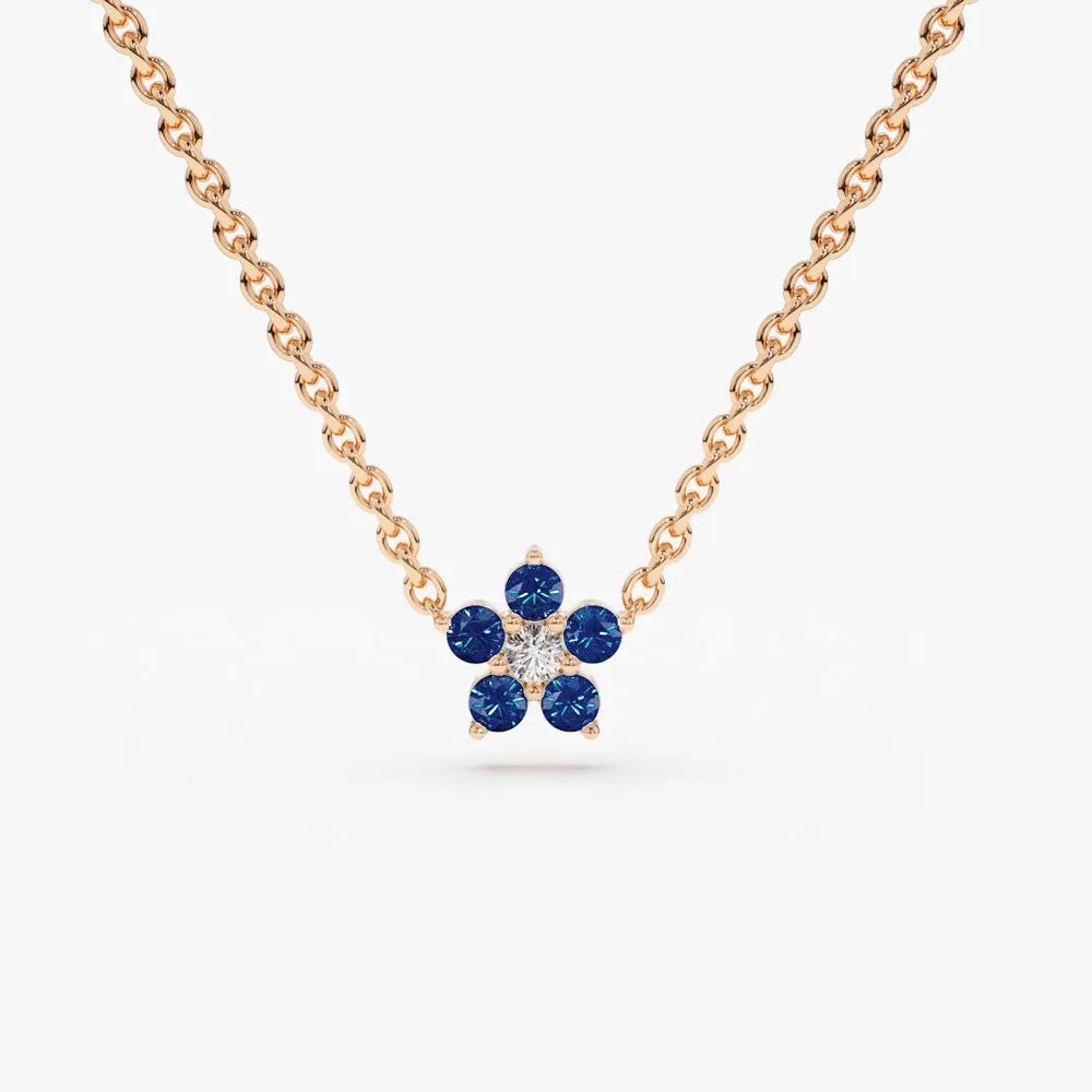 14k Solid Gold Round Sapphire 0.12 CTW and Diamond 0.04 CTW Flower Charm Necklace Prong Setting