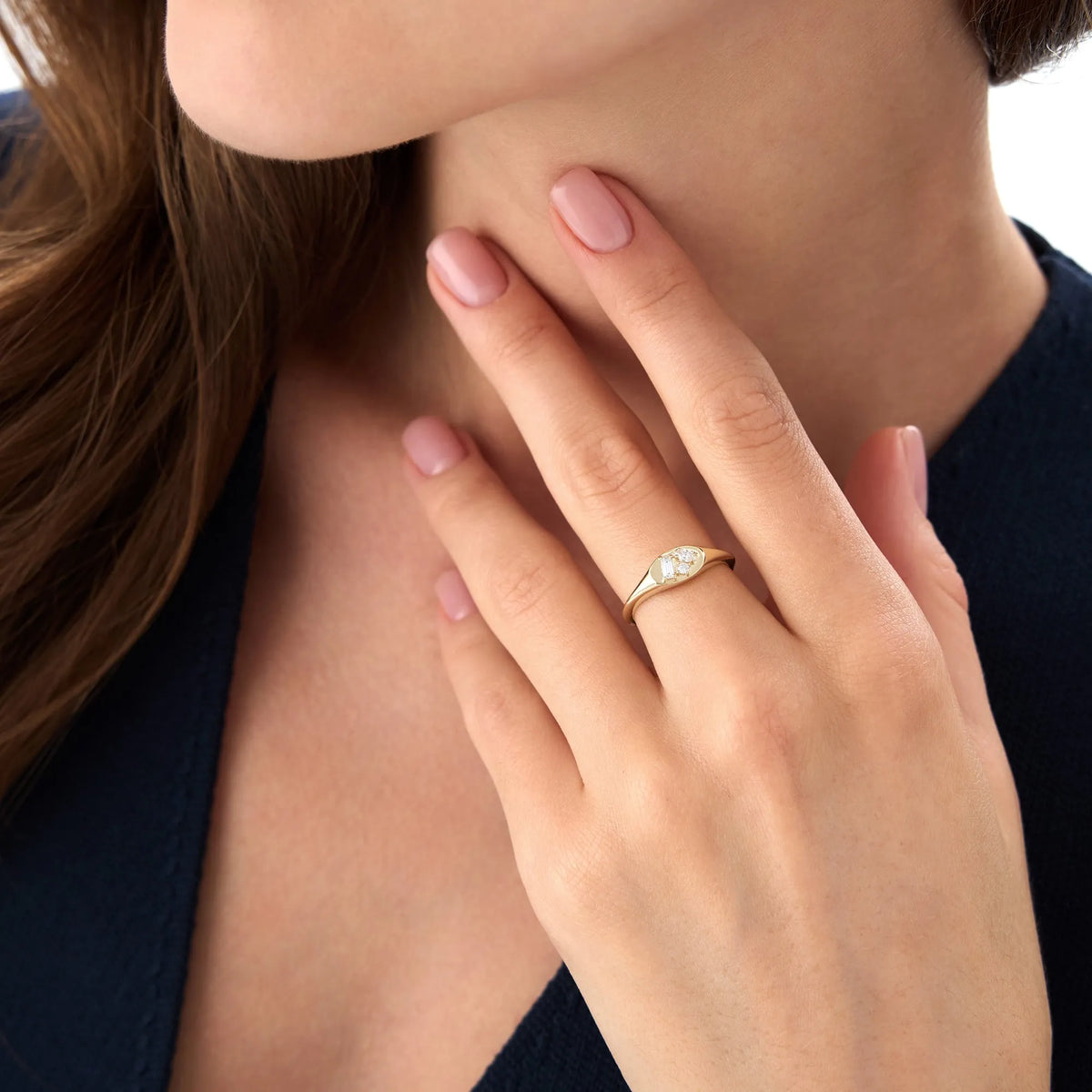 14K Solid Gold Mixed Cut Diamond Signet Ring 0.18 ctw Marquise Baguette and Round Natural Diamonds