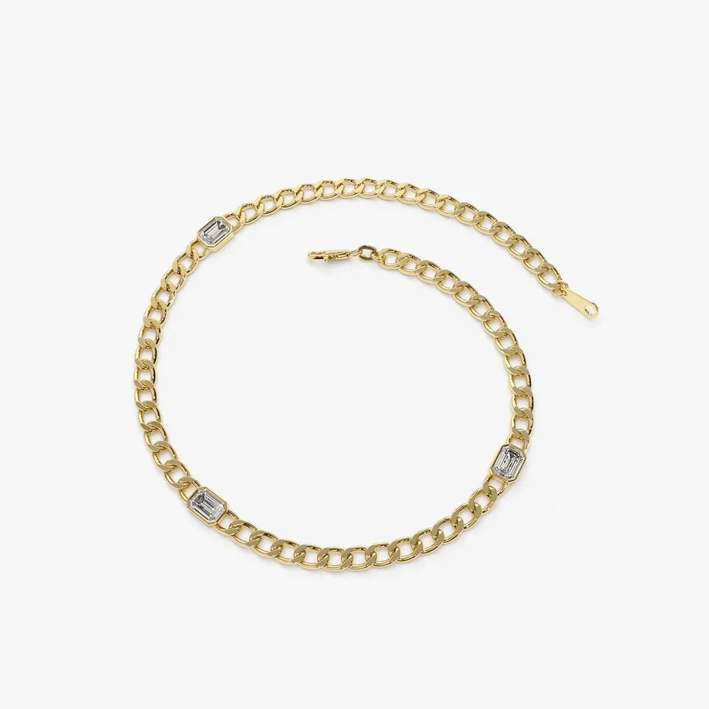 14K Solid Gold Emerald Cut Diamond Cuban Link Bracelet 0.36 Carat