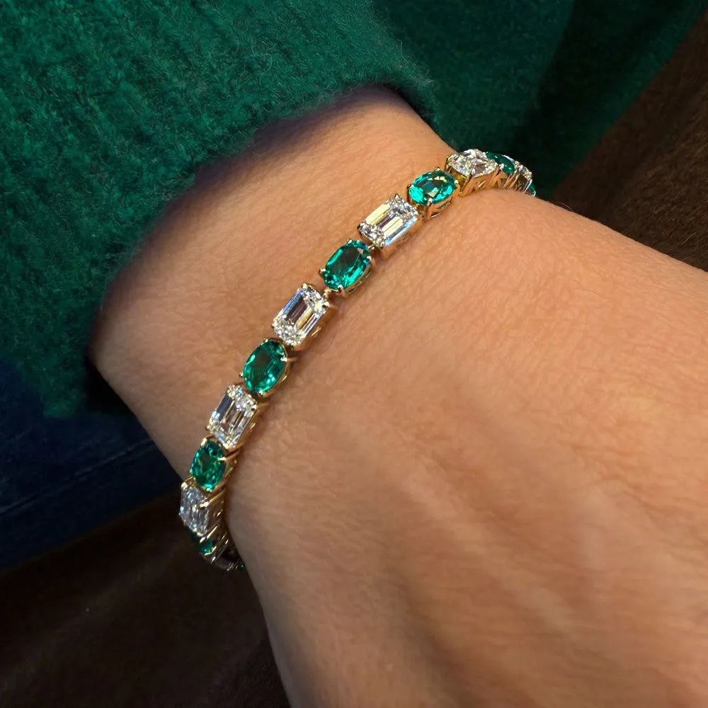 14K Gold Lab Grown Colombian Emerald and Lab Grown Diamond 4 Prong Bracelet