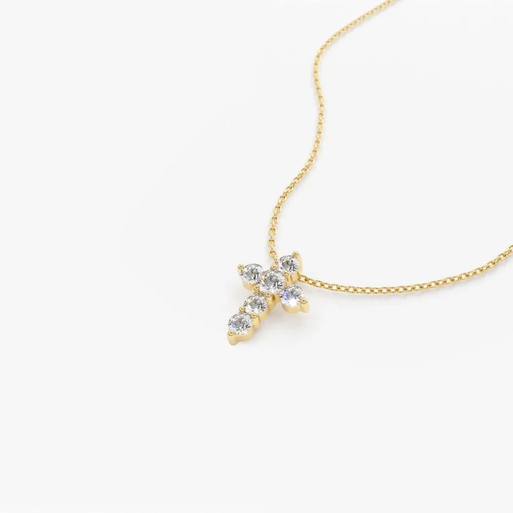14K Solid Gold Lab Grown Diamond Round Cross Necklace 0.21cttw