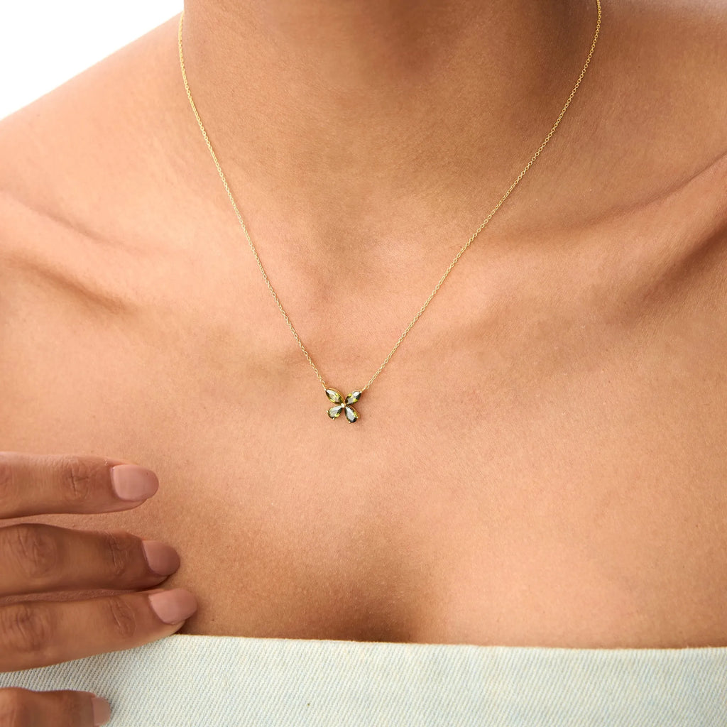 14k Solid Gold Peridot Pear and Marquise Butterfly Necklace 1.10 Carat