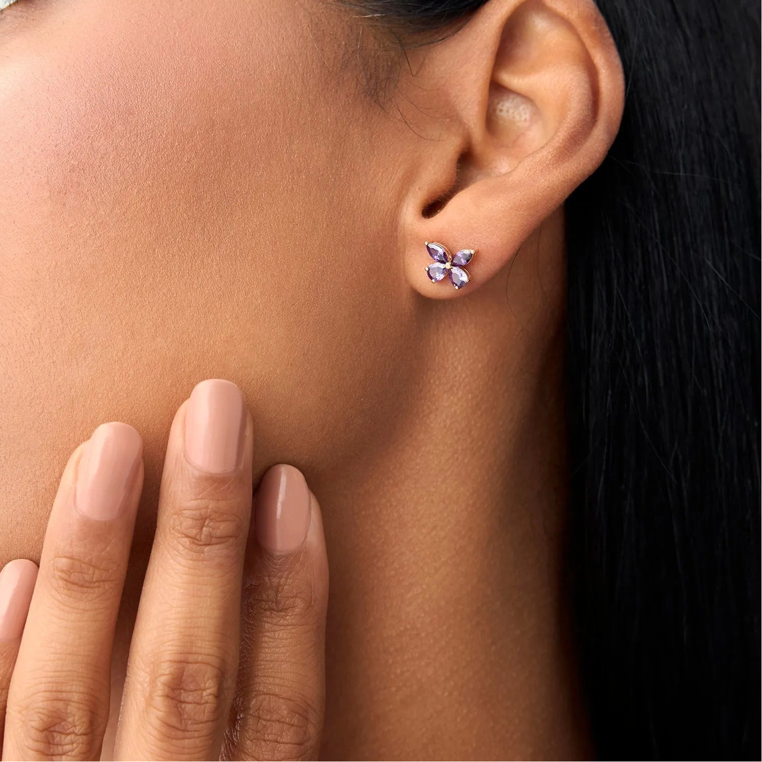 14K Solid Gold Marquise and Pear Cut Amethyst Butterfly Stud Earrings 1.15ctw