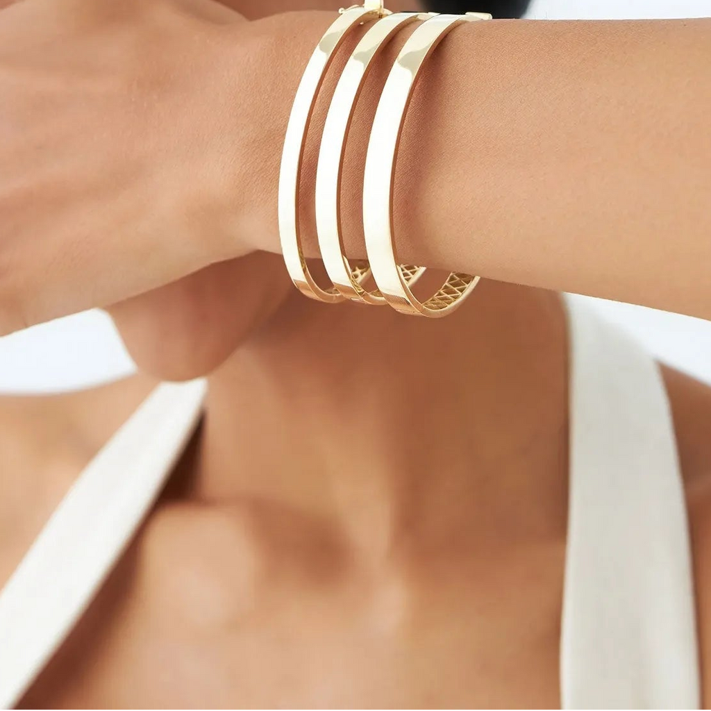 14K Solid Gold Flat Stackable Bangle Bracelet with Box Lock Closure