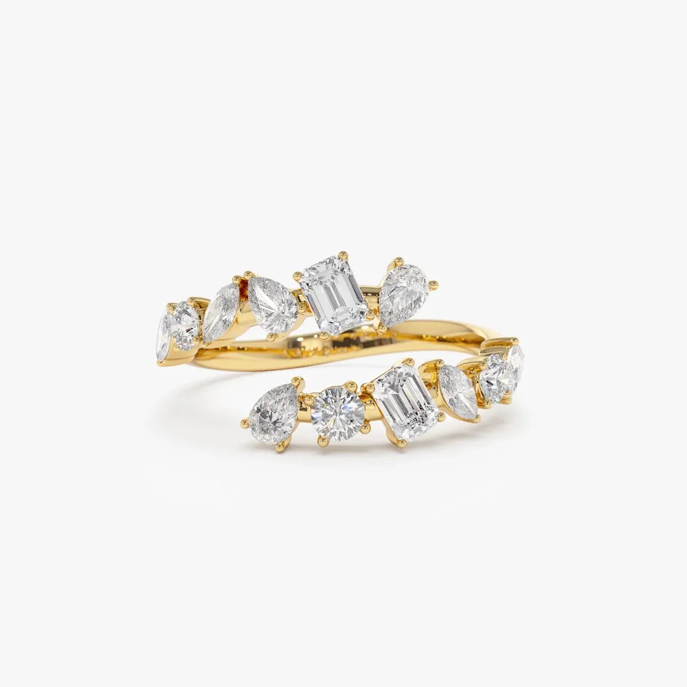 14K Solid Gold 1.01 Carat Diamond Round Pear Emerald Cut Marquise Crossover Ring