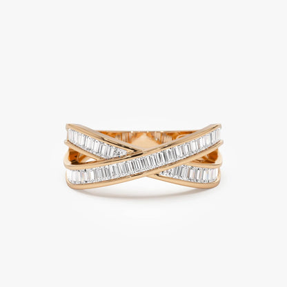 14K Solid Gold Baguette Diamond 0.79 Carat Channel Setting Crossover Band