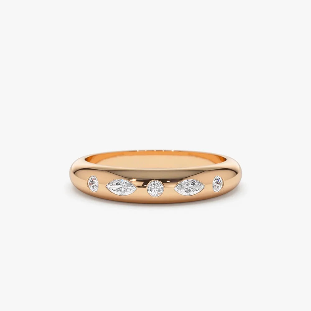 14k Gold Diamond Marquise and Round Dome Flush Setting Ring 0.22 ctw