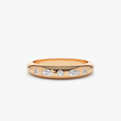 14k Gold Diamond Marquise and Round Dome Flush Setting Ring 0.22 ctw