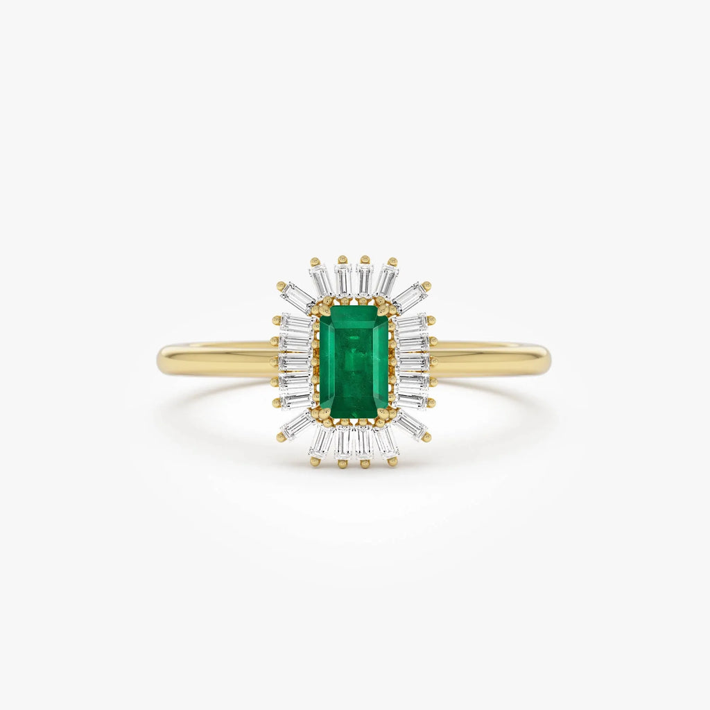 14K Gold Emerald Cut Octagon Emerald Baguette Diamond Halo Ring 0.47 CTW