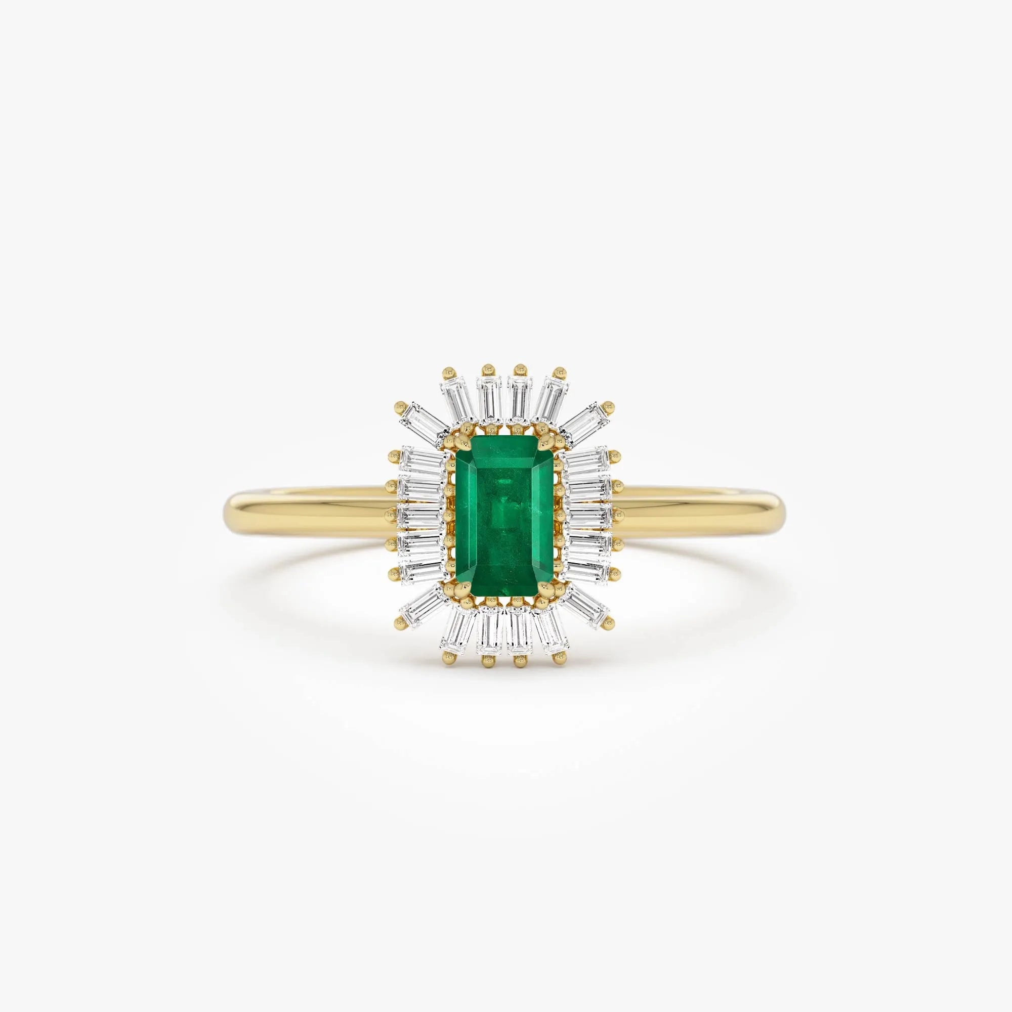 14K Gold Emerald Cut Octagon Emerald Baguette Diamond Halo Ring 0.47 CTW